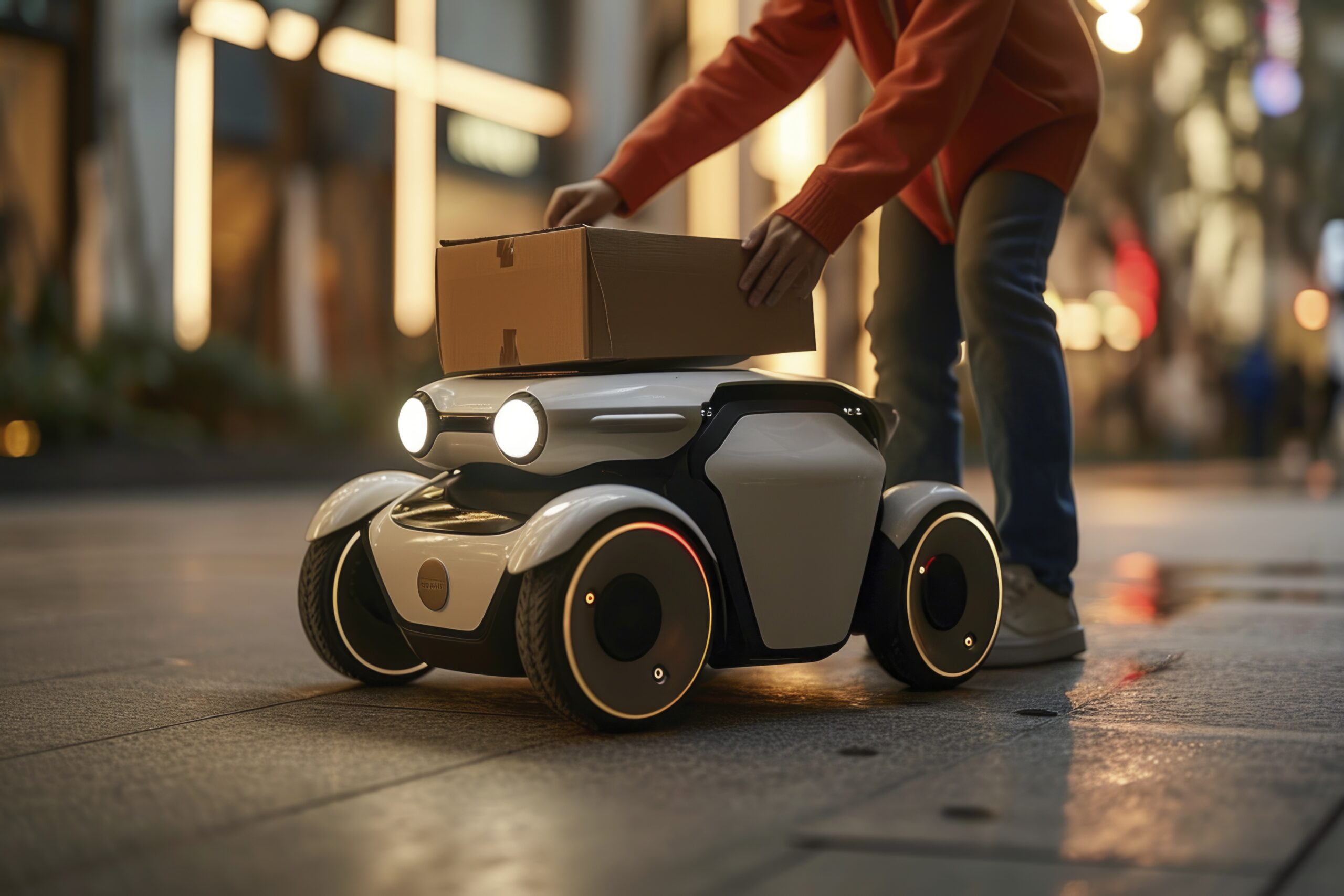 close-up shot, a person is loading a delivery box into a mini robot deliver, in the style of soft and rounded forms, booru, light white and light bronze, smilecore, futuristic robots, rollei prego 90, polished concrete --chaos 12 --ar 3:2 --stylize 250 --v 6 Job ID: 73d15cc8-cd04-4887-9d4d-1ff18b0b4891