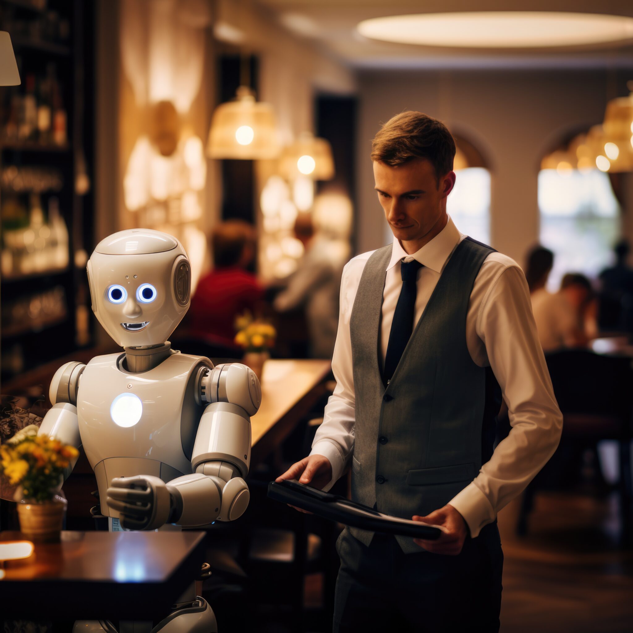 professional photo of [ a humanoid robot working in the hospitality industry], professional photo, portrait with bokeh, sharp silhouette of a person, blurred background, using Nikon D850 with a Nikon AF-S NIKKOR 85mm f/1.4G lens --v 5.2 Job ID: 89900a88-54b3-42f8-afea-65de52ecaaf1